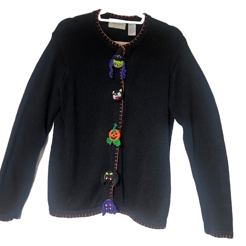 Black Women's Cardigan Sweater with Halloween Accent Buttons